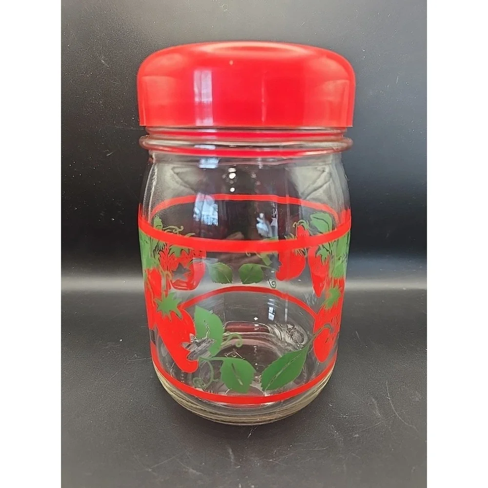 Strawberry Glass‎ Red Lid Candy Jar Canister Vintage Summer Marked CR